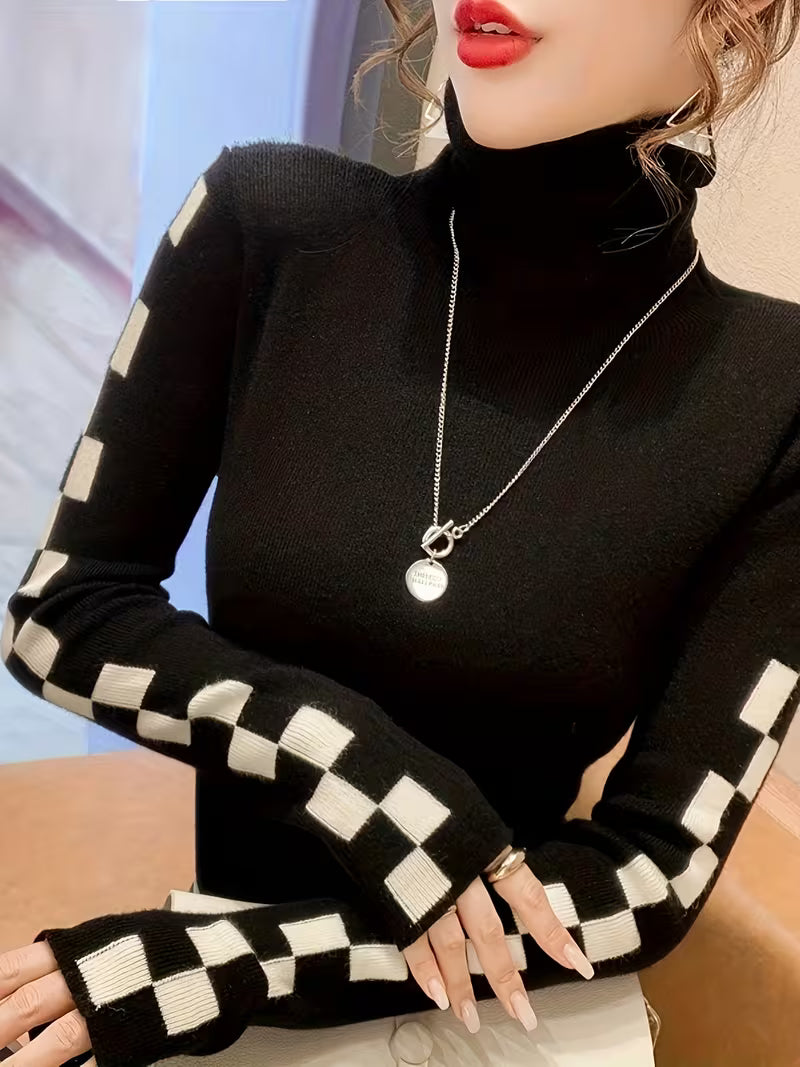 Check Sleeve High-Neck Sweater
