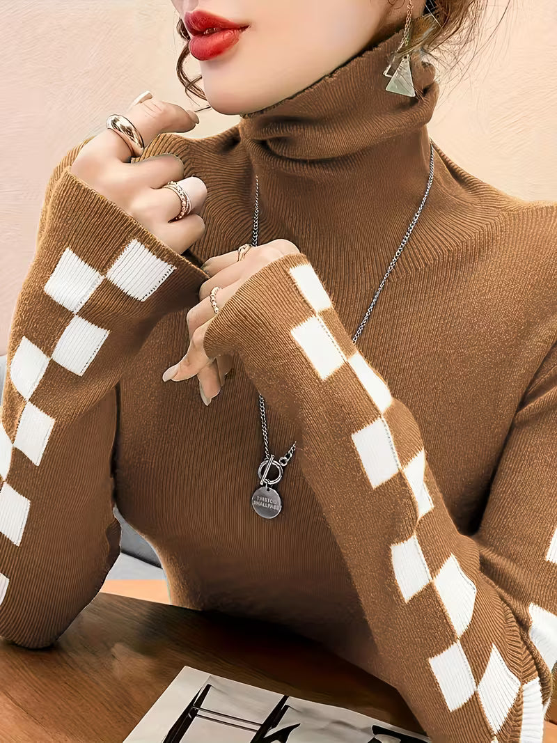 Check Sleeve High-Neck Sweater