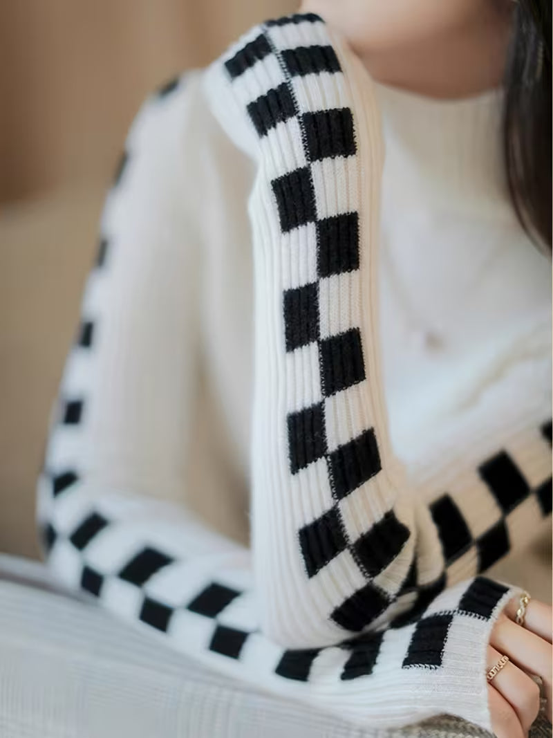 Check Sleeve High-Neck Sweater