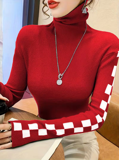 Check Sleeve High-Neck Sweater