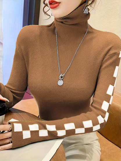 Check Sleeve High-Neck Sweater