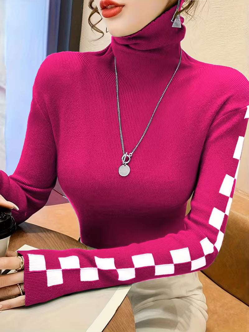 Check Sleeve High-Neck Sweater