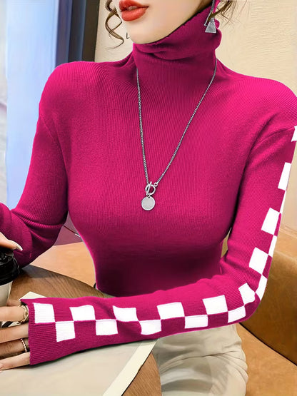 Check Sleeve High-Neck Sweater