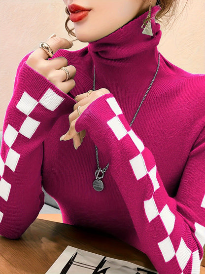Check Sleeve High-Neck Sweater